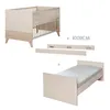A crib and a bed are shown, with parts and text indicating transformation. Produktbild-Vorschau