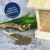A wooden bird feeder filled with birdseed, next to a pile of seeds and a wooden scoop, with artificial grass and a piece of driftwood. Produktbild-Vorschau