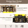 A collage of images showcasing a black and yellow cabinet with glass doors, highlighting its features like adjustable shelves and transparent doors. Podgląd zdjęcia produktu