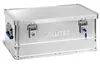 A silver aluminum storage box with blue handles and a lock. Voir les images du produit