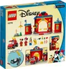 The image shows the back of a LEGO Disney Mickey and Friends Fire Station and Fire Truck playset box, displaying various buildable elements and characters. Produktbild-Vorschau