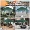 A collage of four images showing a green pop-up canopy tent used in different outdoor and semi-outdoor settings. Produktbild-Vorschau
