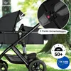 A close-up view of a black stroller with a detailed inset showing the 5-point harness, set against a blurred outdoor background of grass and trees. Produktbild-Vorschau