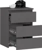 A gray nightstand with three drawers is shown against a white background. A camera and a white bowl are on top of the nightstand. Produktbild-Vorschau