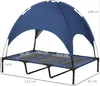 A blue elevated dog bed with a canopy, shown with dimensions indicated by text overlays. Produktbild-Vorschau