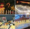 A collage of four images showing LED candles in different settings, including Christmas decorations, a romantic pathway, a party table, and a proposal setup. Produktbild-Vorschau