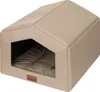 A beige dog house with a brown cushion inside, shown from a slightly elevated side angle. Náhled obrázku produktu