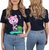 Marineblaues Kurzarm-T-Shirt für Frauen mit rosa Produktbild-Vorschau 1