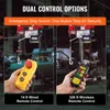 Two electric hoists with different remote controls are shown side-by-side, with text highlighting dual control options. Voir les images du produit