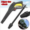 A pressure washer trigger gun and nozzle are shown, with a small inset image of a car being washed. Produktbild-Vorschau