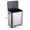 A silver double-compartment trash can with its lid open, showing dimensions. Podgląd zdjęcia produktu