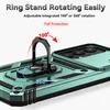 Close-up of a green phone case with a rotating ring stand and camera cover. Produktbild-Vorschau