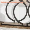 Close-up of the base of a console table with geometric metal legs and a wooden shelf. Podgląd zdjęcia produktu