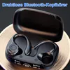 A pair of black wireless earbuds with their charging case, displayed on a textured gold surface. Produktbild-Vorschau