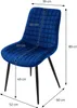 A dark blue velvet chair with black metal legs, shown with dimensions indicated by arrows and text. Náhled obrázku produktu