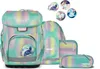 A school backpack set with matching accessories and decorative pins, all featuring a colorful, iridescent design with bubble and unicorn motifs. Náhľad obrázku produktu