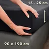 Hands are shown adjusting a black fitted sheet on a mattress, with dimensions and size range indicated by text overlays. Produktbild-Vorschau