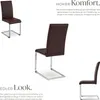 Collage of brown upholstered chairs with metal frames, showcasing different angles and close-ups. Text describes comfort and elegant look. Produktbild-Vorschau