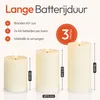 A marketing image showing three LED candles of different sizes with text and measurements indicating their features and dimensions. Produktbild-Vorschau