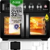A TurboTronic digital air fryer oven is shown with various accessories laid out below it. The oven has a rotisserie with a chicken inside. Produktbild-Vorschau