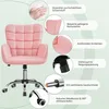 A pink office chair with various features highlighted by callouts and text. Podgląd zdjęcia produktu