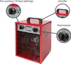 A red electric heater with labels pointing to its features. Produktbild-Vorschau