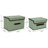 Two fabric storage boxes with lids and handles, shown with dimensions. Produktbild-Vorschau