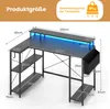 A diagram of an L-shaped desk with dimensions and features highlighted. Produktbild-Vorschau