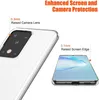 Close-up of a clear phone case showing raised edges around the camera and screen, with text highlighting these features. Produktbild-Vorschau