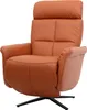 A single terracotta-brown leather recliner chair with a black base, shown from the front.