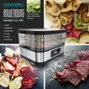A collage of images showcasing a food dehydrator and various dehydrated foods, including fruits, vegetables, and jerky. The collage highlights the versatility and application of the dehydrator. Produktbild-Vorschau