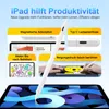 A stylus pen is shown in use with an iPad, with various feature callouts. Produktbild-Vorschau