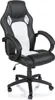 A black and white racing-style office chair on a white background.