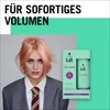 A woman with pink hair is shown next to a product box for Taft hair volume powder. Produktbild-Vorschau