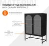A black cabinet with glass doors is shown, with labels pointing to its materials and features. Náhľad obrázku produktu