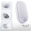 A collage of product images showing a white LED outdoor light with a motion sensor, along with close-ups of the motion sensor component. Produktbild-Vorschau