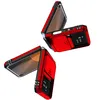 Three views of a red flip phone case with black accents, arranged in a pinwheel formation against a white background. Produktbild-Vorschau