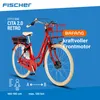 A red Fischer City E-Bike Cita 2.0 Retro is shown against a blue background with text overlays describing its features. Produktbild-Vorschau