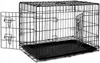 A black metal dog crate with two doors, one open. Náhled obrázku produktu