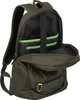 An open green backpack is shown from the front, with its main compartment open to reveal internal pockets. Produktbild-Vorschau