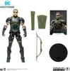 A collage showing a DC Multiverse Green Arrow action figure with accessories, a display card, and a stand. Náhľad obrázku produktu