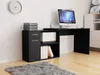 A black L-shaped desk with a filing cabinet and shelves, a computer, and a clock on the wall. Náhľad obrázku produktu