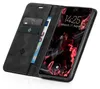 A black flip-style phone case with card slots and a phone inside displaying the lock screen. Produktbild-Vorschau