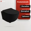 A black wall-mounted toilet with product details listed on a red overlay. Produktbild-Vorschau