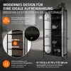 A black display cabinet with glass doors, showcasing interior shelves and decorative items. Text overlays provide product details and features. Náhľad obrázku produktu