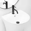 A close-up shot of a white pedestal sink with a black faucet and drain. Náhled obrázku produktu