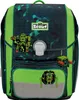 A front view of a child's backpack with a pixelated geometric pattern and robot-themed patches. Anteprima dell’immagine prodotto