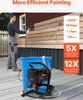 A man is painting the exterior of a house with a paint sprayer. A paint sprayer and a bucket are on the deck in the foreground. Produktbild-Vorschau