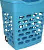 A close-up view of a blue laundry basket with wheels. Produktbild-Vorschau
