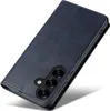 A dark blue flip cover phone case with a camera cutout is shown diagonally on a white background. Produktbild-Vorschau